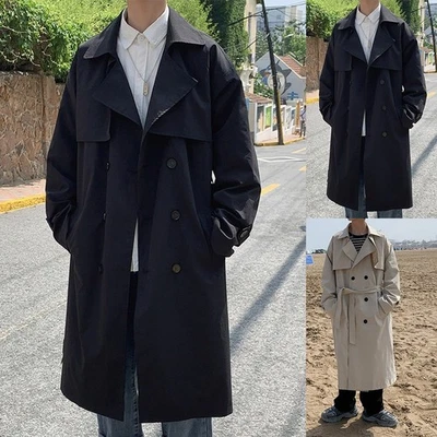 Double Breasted Long Overcoat for Men Stylish Korean Design Windbreaker Jacket - Image 1 of 4
