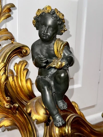 Fine Vintage PAIR French Putti Cherub Chenets Andirons Bronze Brass Gilt Firedog Cover