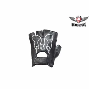BIKER Men's Motorcycle Fingerless Gloves With White Flames GL2018 - Imagen 1 de 2
