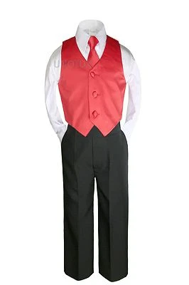 Conjunto de 4 piezas de traje formal para niños adolescentes pantalones NEGROS + chaleco de color corbata larga 4T-20 Foto 1 de 2