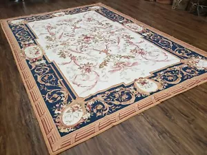 Vintage Aubusson Area Rug 6x8 Wool Handmade Needlepoint Carpet Ivory Navy Blue - Picture 1 of 12
