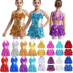 UK Kids Girls Sparkly Sequins Hip Hop Jazz Latin Gymnastic Dance Stage Costume - Picture 1 of 128