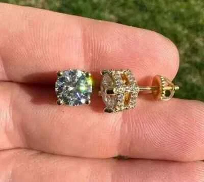 Серьги-гвоздики с одним круглым бриллиантом 2 карата позолота 14 кГеллоу - Изображение 1 из 4