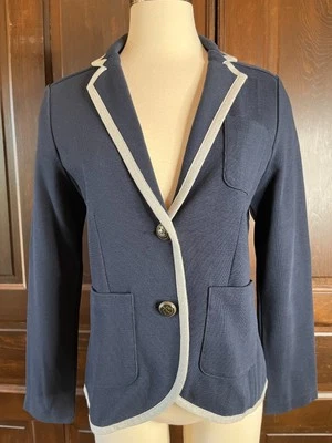 Blazer Lands' End feminino 6 malha náutica acabamento contrastante azul algodão costeiro novo sem etiquetas - Imagem 1 de 4