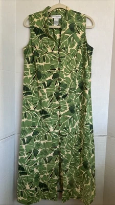 Sag Harbor Dress Green Linen Blend Midi Dress Palm Leaf Tropical Resort 40”  Ch - Image 1 of 3
