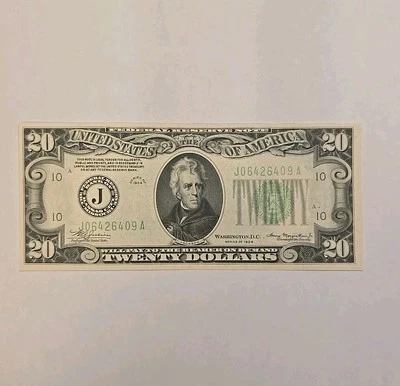 1934 $20 Kansas City Note Dark Blue Green Seal Uncirculated Crisp Beautiful! - Image 1 of 4