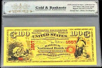 1875 $100 BILL US GOLD BANKNOTE IN PROTECTIVE SLEEVE W COA - 99.9% 24K GOLD - Image 1 of 4