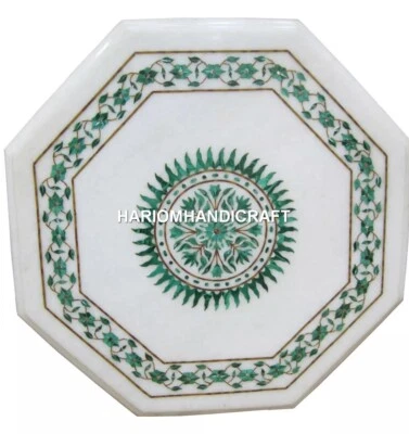 18" White Octagon Marble Center Coffee Table Malachite Floral Inlay Marquetry De - Image 1 of 4