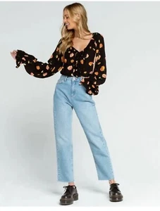 Free People Poppy Printed Bodysuit Black Floral Lace Ruffle Top Sz Medium NEW - Picture 1 of 23