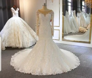 UK White Ivory Long Sleeve Corset Beaded Lace Mermaid Wedding Dresses Size 6-18 - Picture 1 of 2