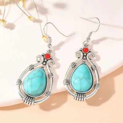 Southwestern Turquoise Drop Dangle Earrings BOHO Tibetan Silver Handmade - Image 1 of 4