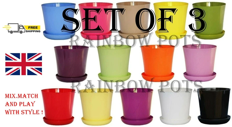RAINBOW Plastic Flower Plant Pots, Modern Gloss, Orchid with Saucer Round SET OF 3