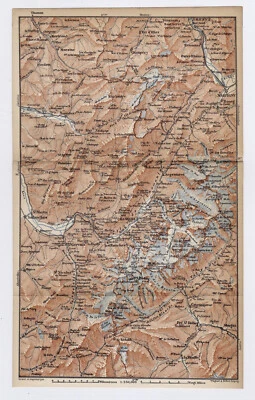 MAPA ANTIGUO 1893 DE LA CORDILLERA DEL MONT BLANC CHAMONIX / ALPES CHABLAIS / FRANCIA Foto 1 de 3