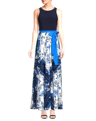 ELIZA J Navy Blue White Twofer Scarf Floral Sash Tie  Dress sz.14 Colorblock New - Image 1 of 4