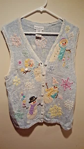Vintage Clothing Ugly Christmas Vest - White Stag - Large L - Blue - Snowmen - Picture 1 of 2