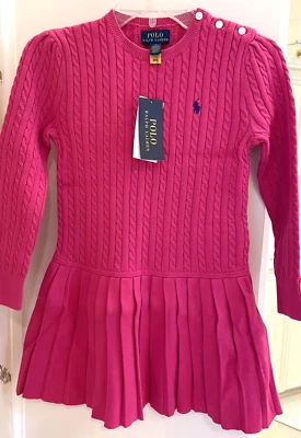 Polo Ralph Lauren Girls Mini Cable Pleated Cotton Sweater Dress 6X  Pink - Image 1 of 4