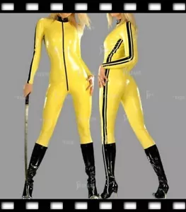 Latex Catsuit Yellow Tracksuit Unisex Cool Side Trims Customize 0.4mm B100 - Picture 1 of 4