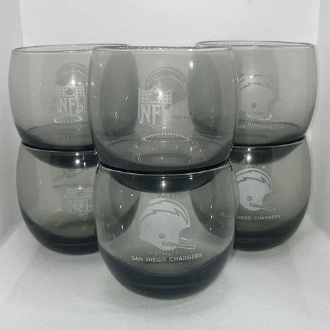 Vtg NFL San Diego Chargers Smoke Glass Whiskey Low Ball Tumbler Set 6 1970s Bar Cover