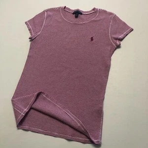 Ralph Lauren Pony Logo Striped Slim Fit Top Sz M Magenta White 100% Cotton - Picture 1 of 14