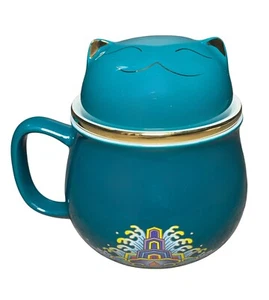 Maneki-Neko Teal Green Ceramic Cat Tea Cup with Strainer, Lid, and Case - Picture 1 of 8