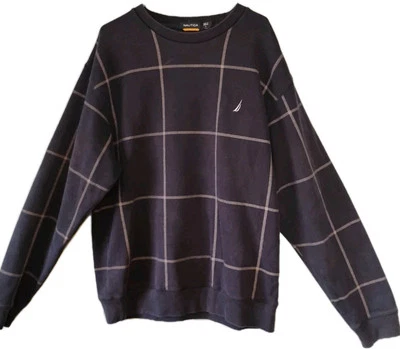 Moletom Vintage Náutica Azul Marinho Xadrez Gigante Suéter Manga Longa Masculino Tamanho G - Imagem 1 de 4