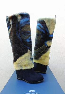 UGG CLAIRE TABOURET 蓝宝石 FLUFF SHEEPSKIN 4 英寸楔形靴,美国 8/ 39 欧元 ~ 全新 — 第 1/4 张图片