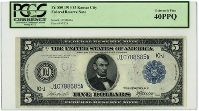 FR.880 $5 1914 Federal Reserve Bank Note Kansas City XF40PPQ PCGS 950750-118 - Image 1 of 3