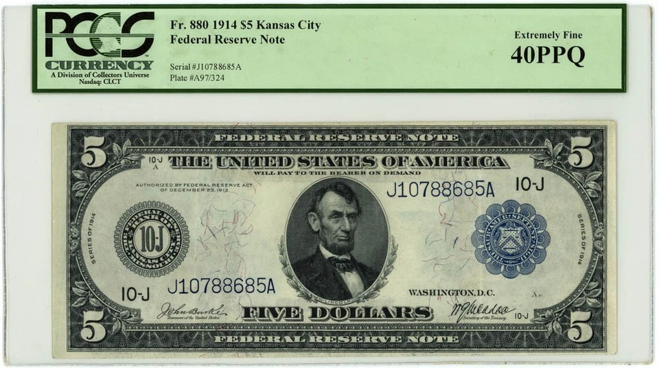 FR.880 $5 1914 Federal Reserve Bank Note Kansas City XF40PPQ PCGS 950750-118 - Image 1 of 3