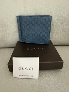Authentic Gucci Guccissima GG Leather Blue Bifold Money Clip Wallet. New - Picture 1 of 11