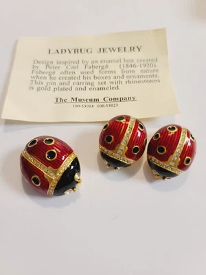 Multilana Red Black Enamel Lady Bug Rhinestone Gold-Tone Brooch & Earrings READ  - Image 1 of 4