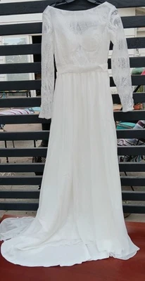 Vestido de novia blanco corpiño de encaje con botones espalda sin marca 15,5" pecho Foto 1 de 4