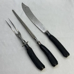 Vintage Lamson Goodnow Stag Handle Carving Set Fork Knife & Sharpener - Picture 1 of 10