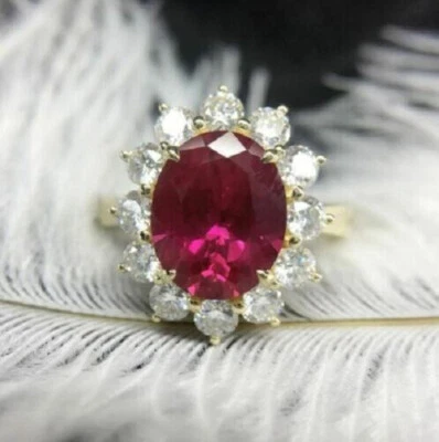 3Ct Lab Created Ruby Diamond Pretty Halo Engagement Ring 14K Yellow Gold Finish - Image 1 of 4