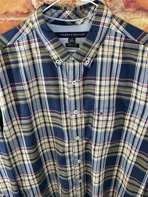 Tommy Hilfiger Classic Fit Blue Red Plaid Flag Logo Shirt Size Large Plaid Check - Image 1 of 4