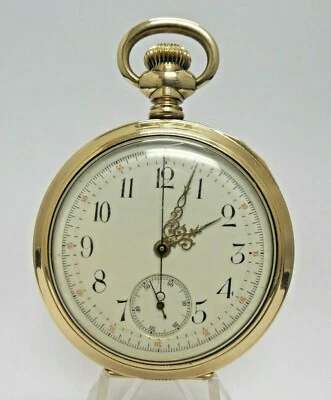 Старинные карманные часы с золотым покрытием 14 карат с открытым циферблатом работают и показывают время - Изображение 1 из 4