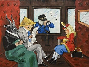 ACEO RYTA Alicia en el País de las Maravillas Arte Popular Impresión de pintura Tren Animales Cabra 🌺 - Imagen 1 de 1