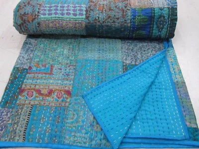Hand Work Vintage Gudri Printed Art Silk Bedspread Patchwork Kantha Quilt Throw - Image 1 of 4