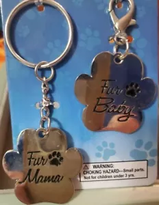 Paw shaped "fur Mama and fur Baby" keychain and pet tag. Engravable . L 104 - Picture 1 of 2