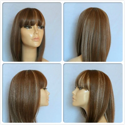 HIGH HEAT RESISTANT FRINGE WIG BROWN & BLONDE MIX LADY WOMENS DAILY FULL WIG UK