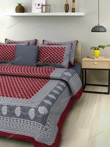 Indian Hand Block Cotton Jaipuri Double Bed Sheet With 2 Pillow Covers Maroon sk - Picture 1 of 4