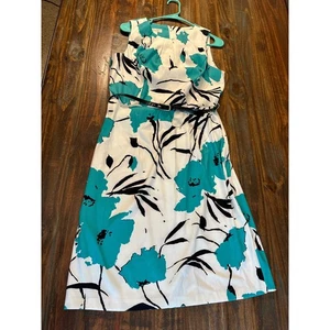 Dressbarn Women's Floral Print Sleeveless Dress with Belt Size 12 White & Teal - Picture 1 of 10