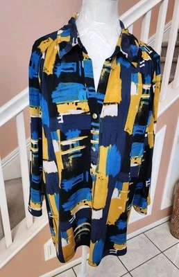 Top tejido elástico manga 3/4 estampado azul amarillo ALFANI talla 3X Foto 1 de 4