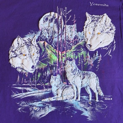 Vintage 90's Yosemite Mountains Wolves Nature Purple XL Graphic T-Shirt USA Made - Image 1 of 4