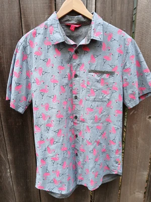 Camisa Vintage Unionbay Gris Rosa Flamenco Patrón Hombre Manga Corta Botón M Foto 1 de 4