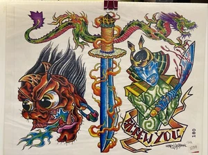 Kevin Leblanc Vintage Tattoo Wall Flash Art Sheet 1997 Sword Ninja Dragon - Picture 1 of 1