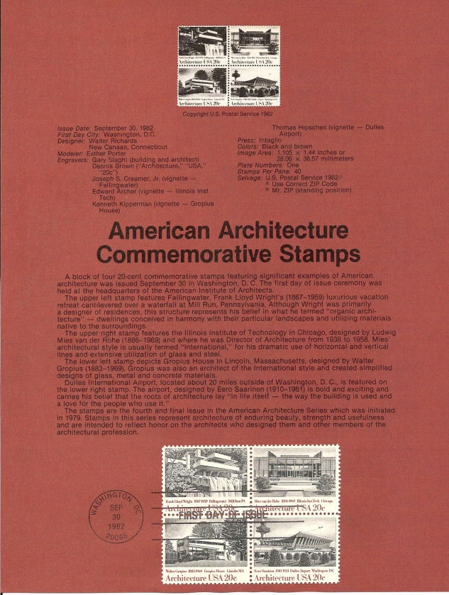 #8230 20c Architecture Stamps - Scott #2019-2022a  USPS Souvenir Page - Image 1 of 1