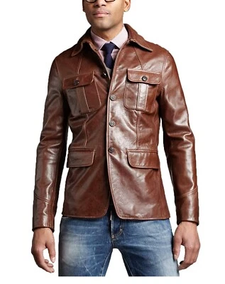 Leather Blazer Jacket Coat Men's Lambskin Button Real Soft Slim Fit Men Tan 31 - Image 1 of 4