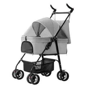 4 Wheels Folding Pet Stroller Cat Dog Stroller Portable Travel Carrier, Gray - Picture 1 of 11