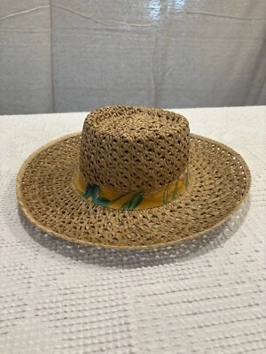 Vintage Straw Fedora Hat Upturned Brin & Yellow Floral Ribbon Dorfman Pacific M - Image 1 of 4