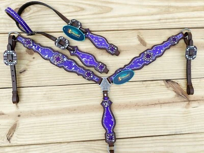MOUSM Western Leather Headstall and Breast Collar Tack Set for Horses - Purple - Image 1 of 4